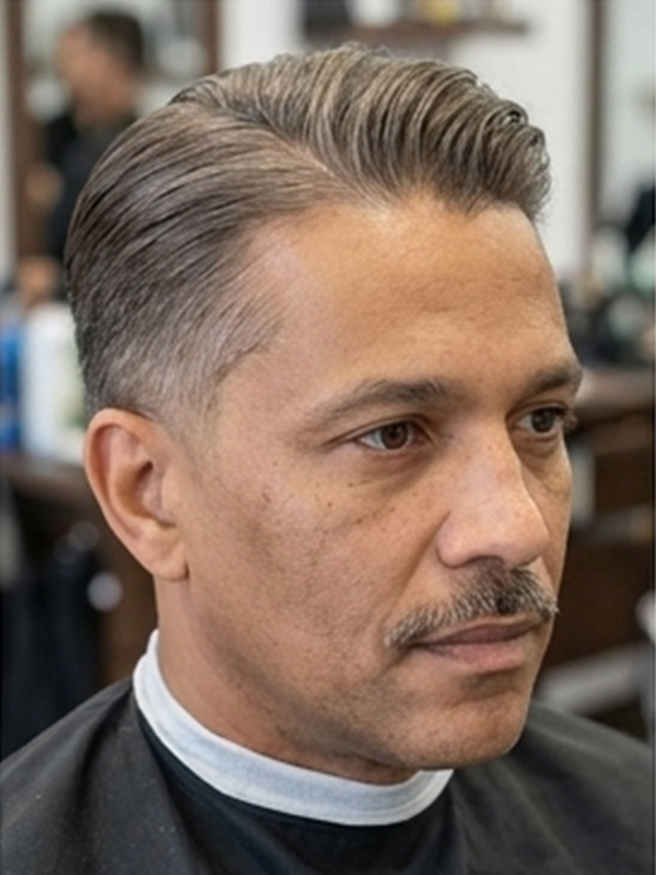 Slick back met middenscheiding bij een man met baard