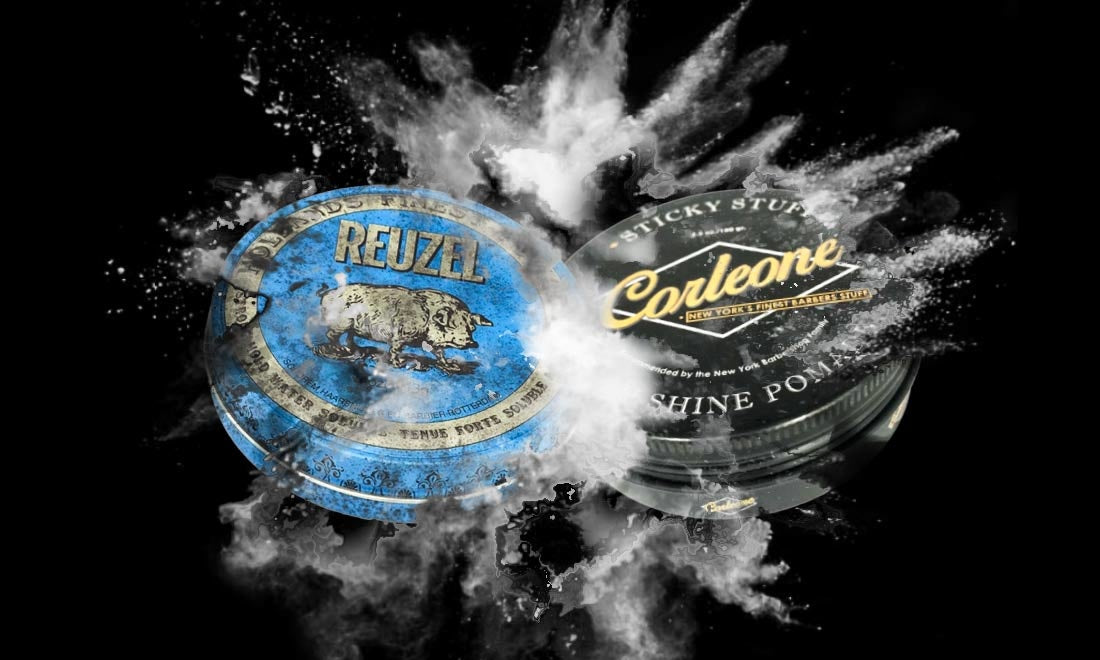 Reuzel Blue Strong Hold Pomade vs Corleone Sticky Stuff High Shine Pomade