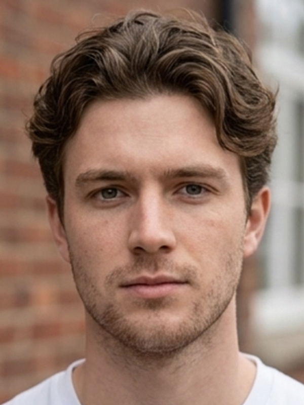 Curtains bij een man met blond haar en middenscheiding