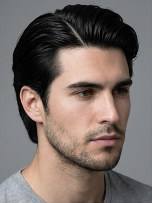 Matte middle part bij een man met steil donker haar